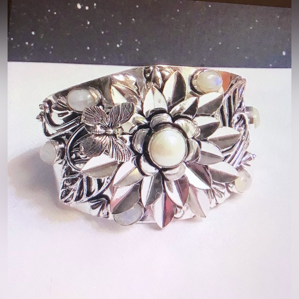 Moonstone Pearl Stamped 925 Sterling Silver Cuff Bracelet